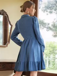 Vestido mezclilla con botón bajo con fruncido - Azul lavado medio - Ver 2