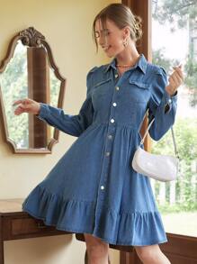 Vestido mezclilla con botón bajo con fruncido - Azul lavado medio - Ver 3