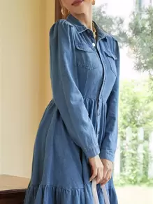 Vestido mezclilla con botón bajo con fruncido - Azul lavado medio - Ver 4