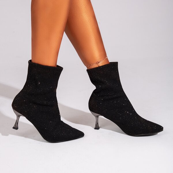 

Knit Detail Point Toe Boots, Black