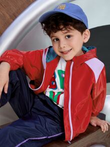 SHEIN Toddler Boys Colour Block Flap Pocket Zip Up Hooded Jacket - Red - View 1