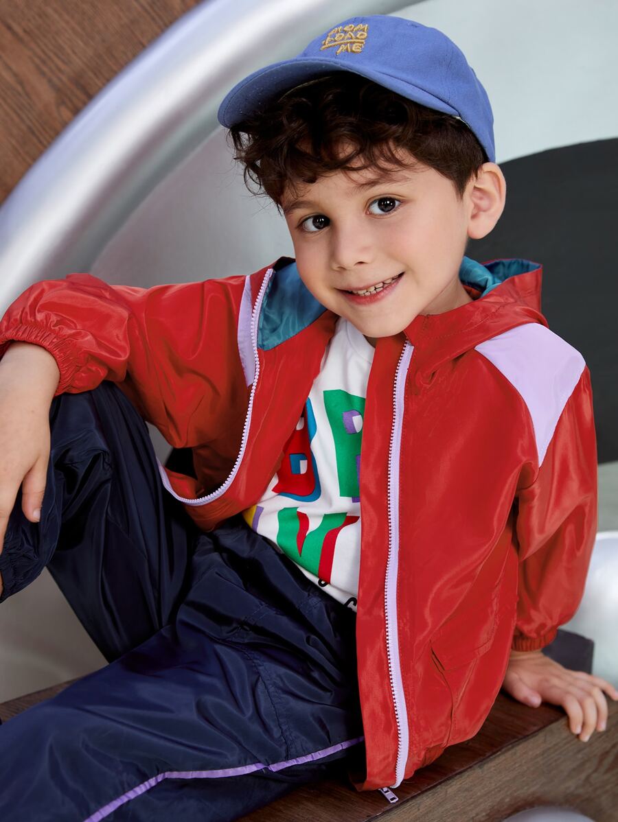 SHEIN Toddler Boys Colour Block Flap Pocket Zip Up Hooded Jacket - Red - View 1