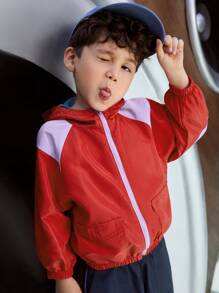 SHEIN Toddler Boys Colour Block Flap Pocket Zip Up Hooded Jacket - Red - View 2
