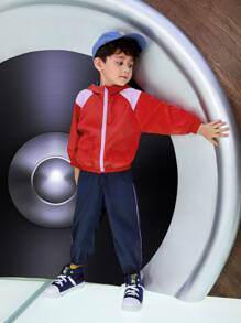 SHEIN Toddler Boys Colour Block Flap Pocket Zip Up Hooded Jacket - Red - View 3