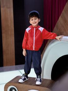 SHEIN Toddler Boys Colour Block Flap Pocket Zip Up Hooded Jacket - Red - View 4