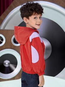 SHEIN Toddler Boys Colour Block Flap Pocket Zip Up Hooded Jacket - Red - View 5