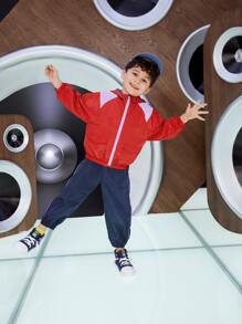 SHEIN Toddler Boys Colour Block Flap Pocket Zip Up Hooded Jacket - Red - View 6