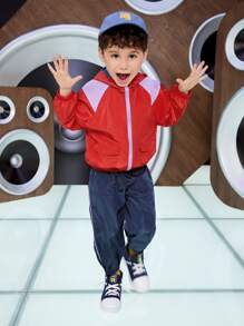 SHEIN Toddler Boys Colour Block Flap Pocket Zip Up Hooded Jacket - Red - View 7