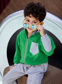 SHEIN Toddler Boy Jackets Tương phản ren Túi Dây kéo Khối Màu Giải trí - màu xanh lá - Xem 1