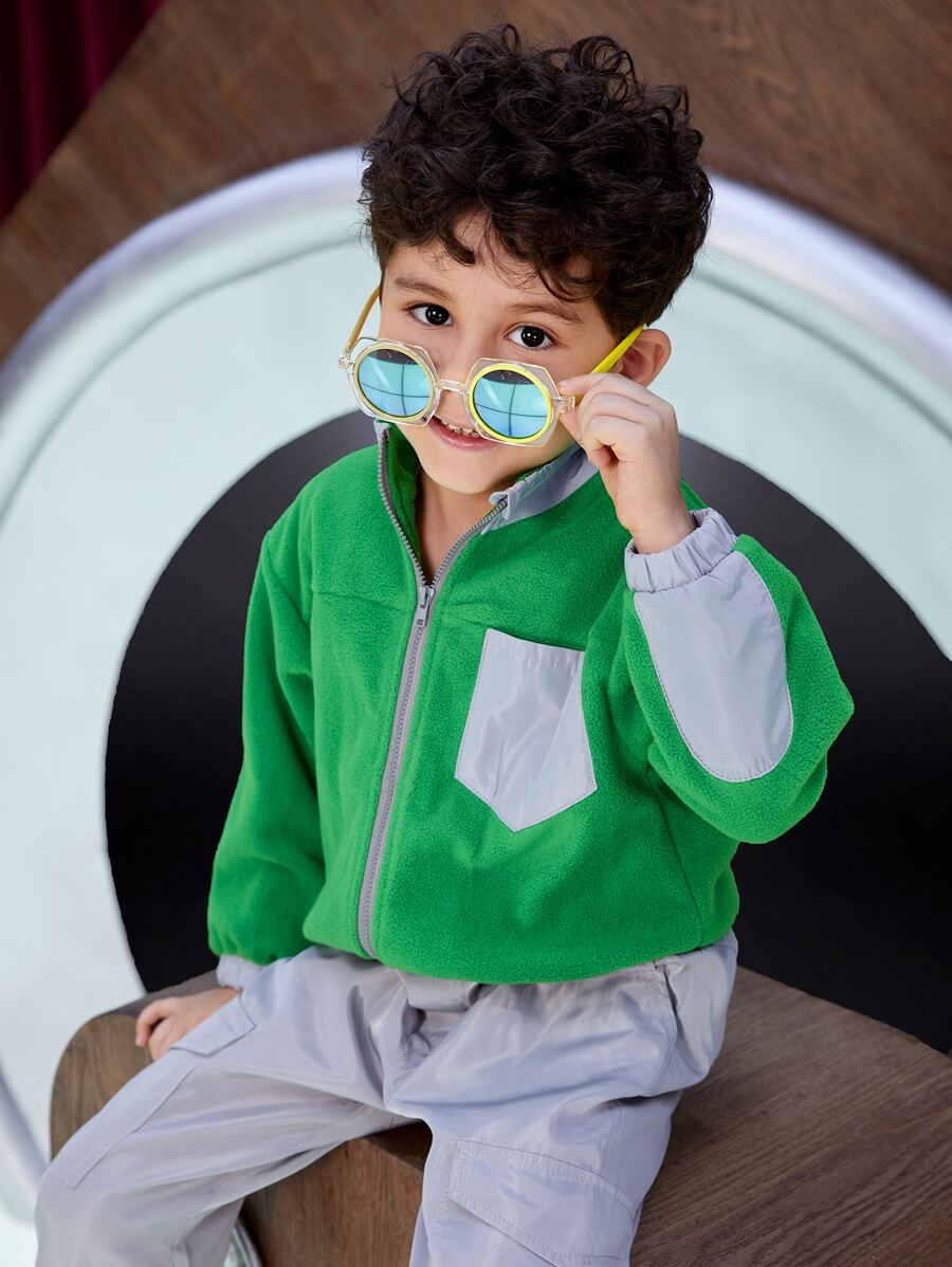 SHEIN Toddler Boy Jackets Tương phản ren Túi Dây kéo Khối Màu Giải trí - màu xanh lá - Xem 1