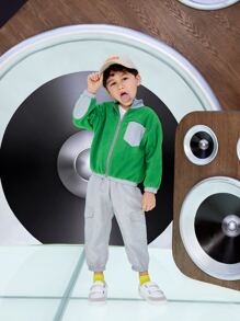 SHEIN Toddler Boy Jackets Tương phản ren Túi Dây kéo Khối Màu Giải trí - màu xanh lá - Xem 2