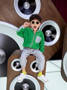 SHEIN Toddler Boy Jackets Tương phản ren Túi Dây kéo Khối Màu Giải trí - màu xanh lá - Xem 3