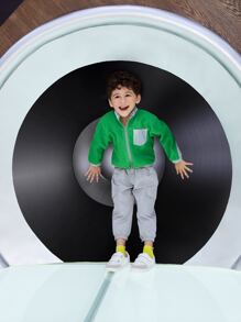 SHEIN Toddler Boy Jackets Tương phản ren Túi Dây kéo Khối Màu Giải trí - màu xanh lá - Xem 6