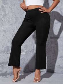 SHEIN Essnce Plus Ribbed Knit High Waist Flare Leg Trousers