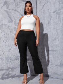 SHEIN Essnce Plus Ribbed Knit High Waist Flare Leg Trousers