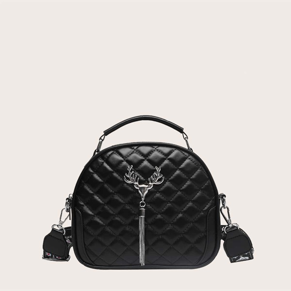 

Solid Quilted Tassel Decor Satchel Bag, Black
