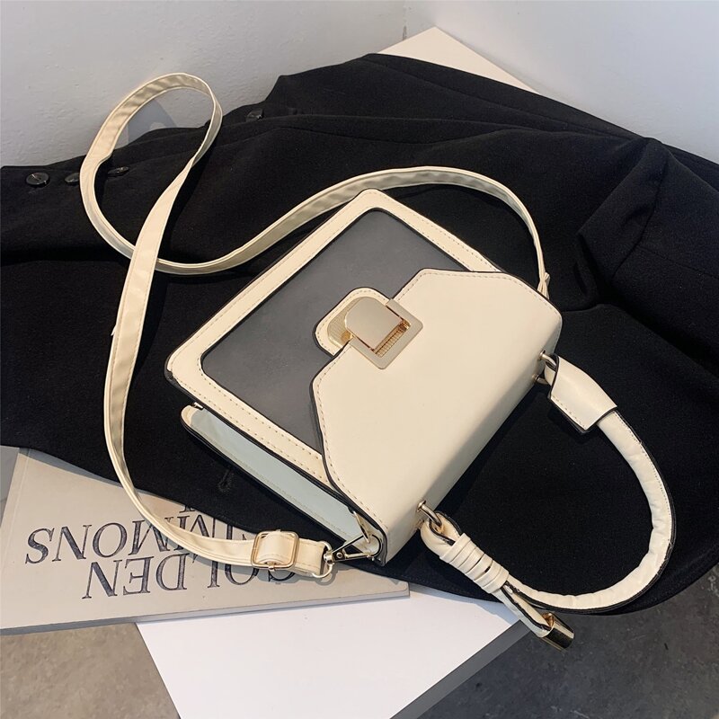 

Top Handle Metal Lock Flap Satchel Bag, White