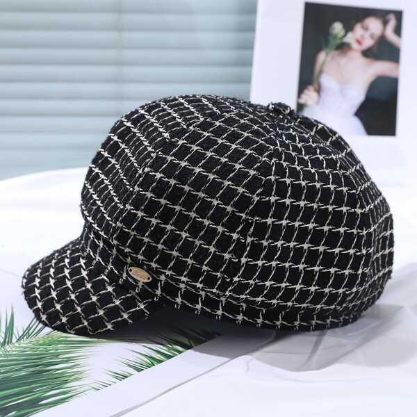 

Plaid Baker Boy Cap, Black
