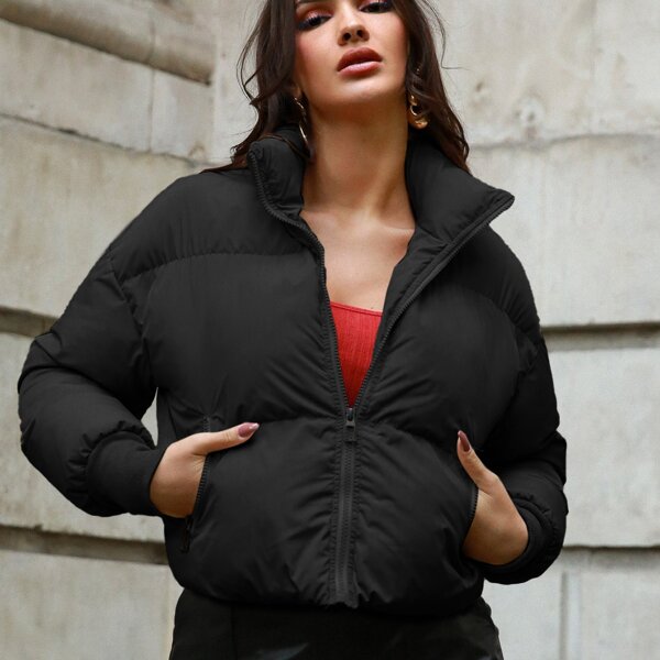 

Drop Shoulder Pocket Side Zip Up Winter Coat, Black