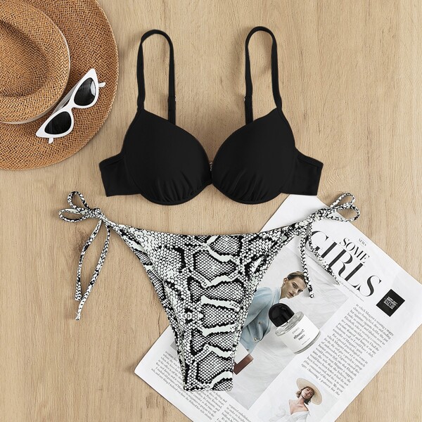 

Snakeskin Print Push Up Tie Side Bikini Swimsuit, Multicolor