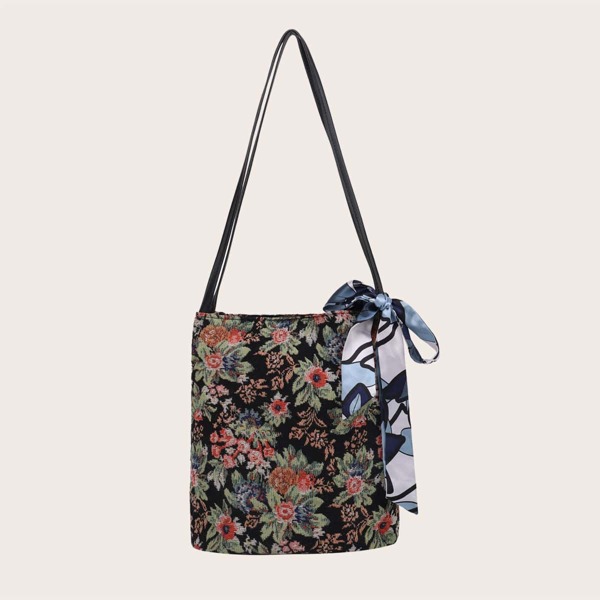 

Scarf Decor Floral Pattern Shoulder Bag, Multicolor