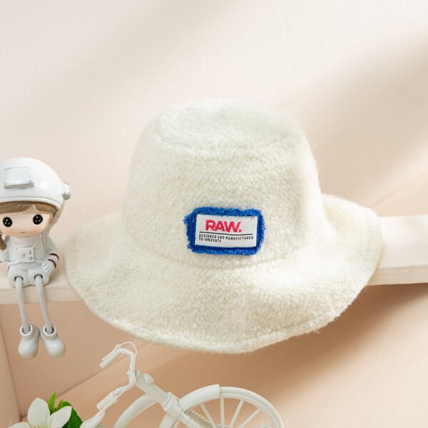 

Letter Embroidered Fuzzy Bucket Hat, White