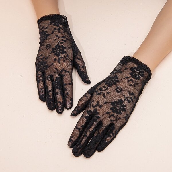 

Flower Pattern Mesh Gloves, Black