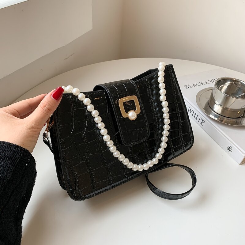 

Faux Pearl Decor Croc Embossed Shoulder Bag, Black