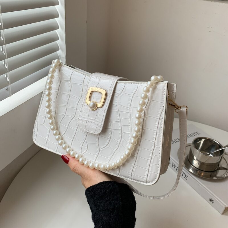 

Faux Pearl Decor Croc Embossed Shoulder Bag, White