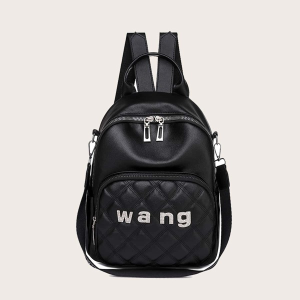 

Letter Graphic Quilted Pattern Backpack, Black