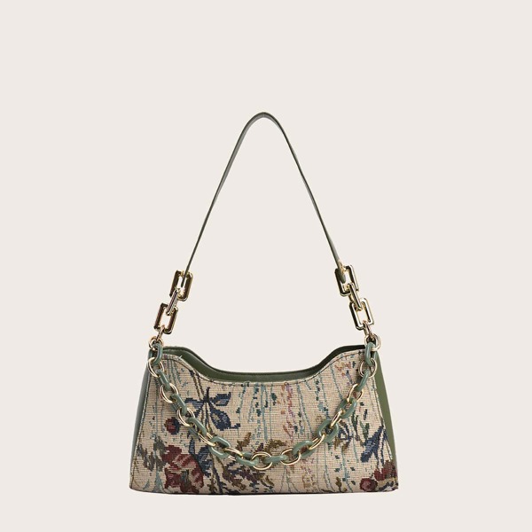 

Floral Pattern Chain Decor Baguette Bag, Multicolor