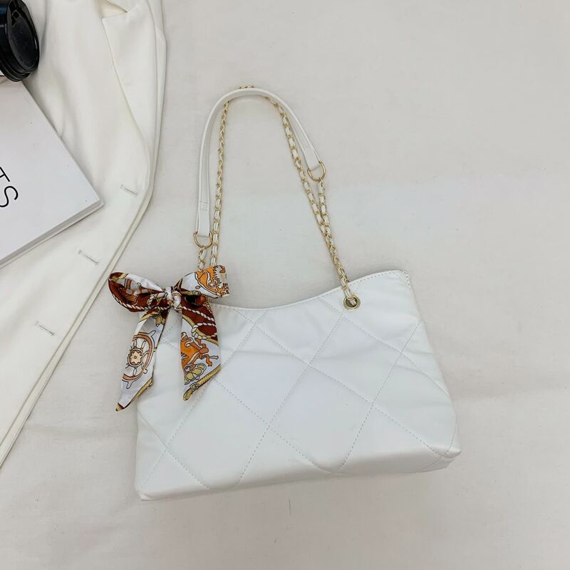 

Minimalist Quilted Scarf Decor Chain Shoulder Bag, White