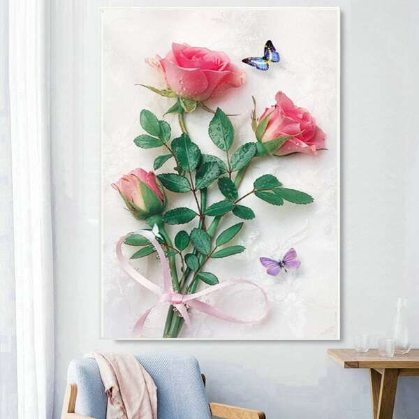 

1pc Rose Print Unframed Painting, Multicolor