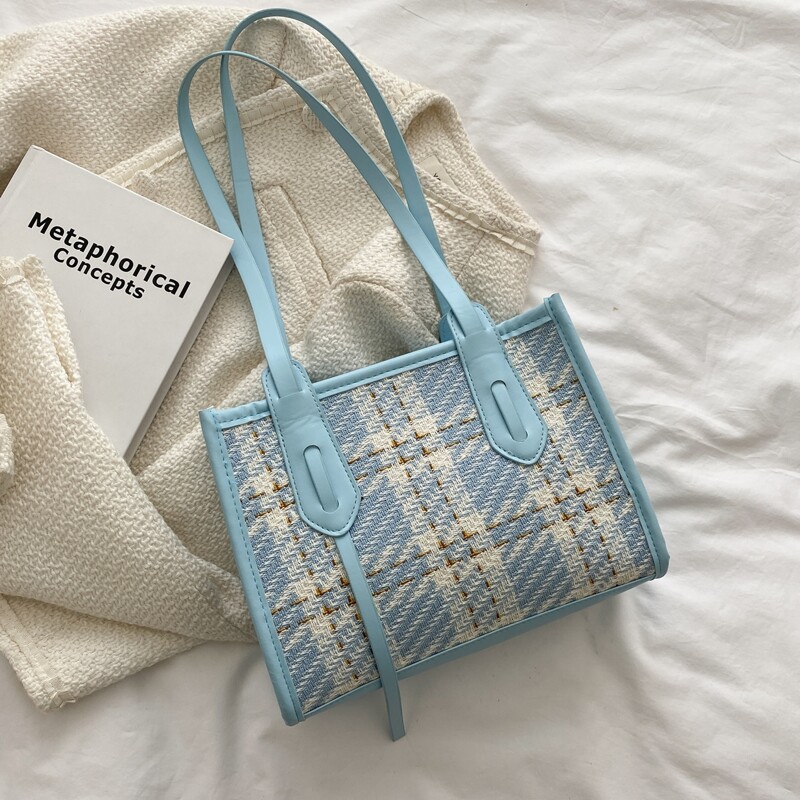 

Plaid Pattern Shoulder Tote Bag, Baby blue