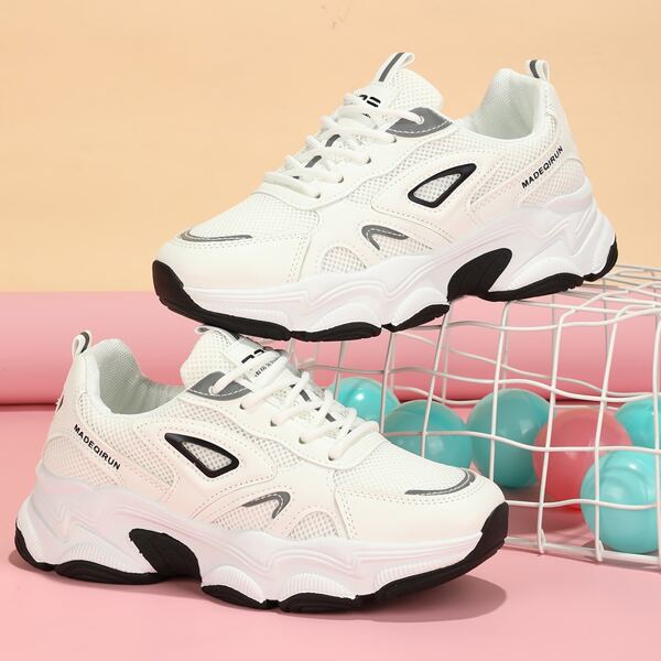 

Mesh Panel Lace-up Chunky Sneakers, Black and white