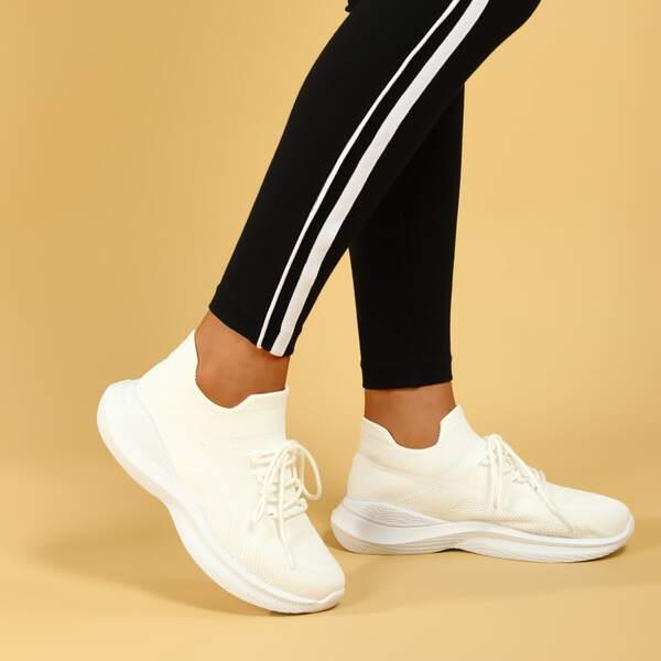 

Lace Up Decor Knit Running Shoes, White