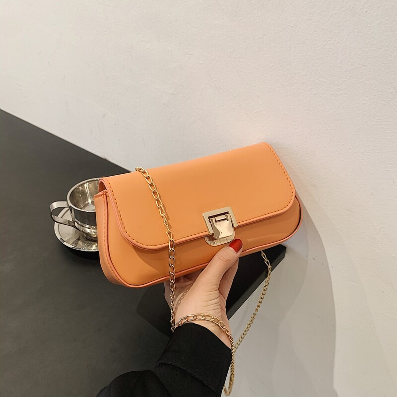 

Metal Lock Flap Chain Bag, Orange