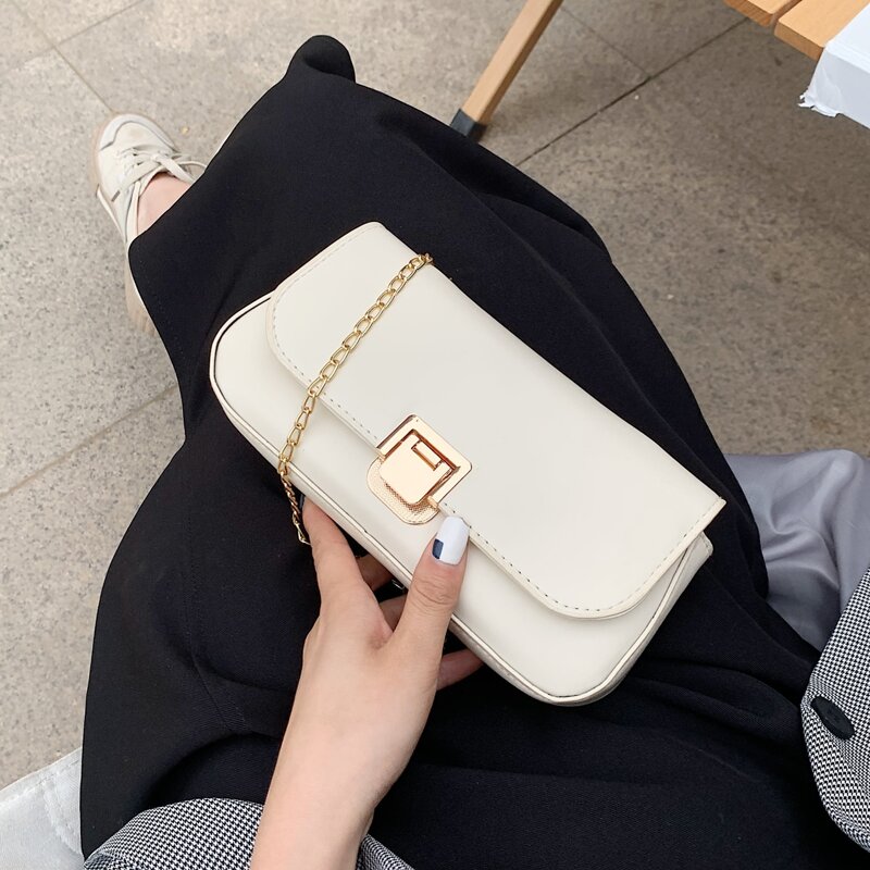 

Metal Lock Flap Chain Bag, Beige