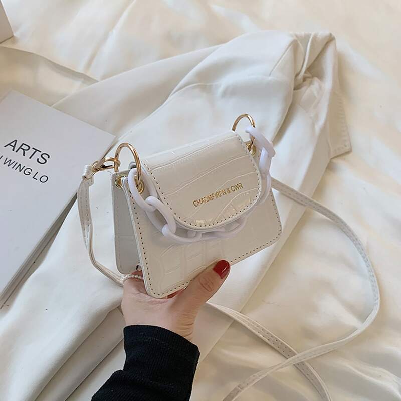 

Croc Embossed Flap Satchel Bag, White