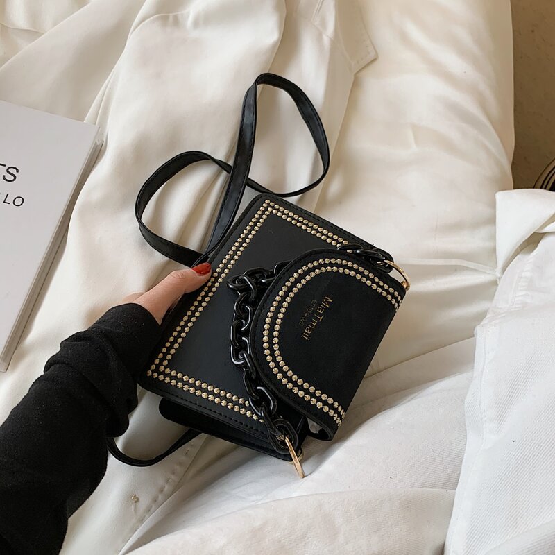 

Letter Graphic Chain Handle Satchel Bag, Black