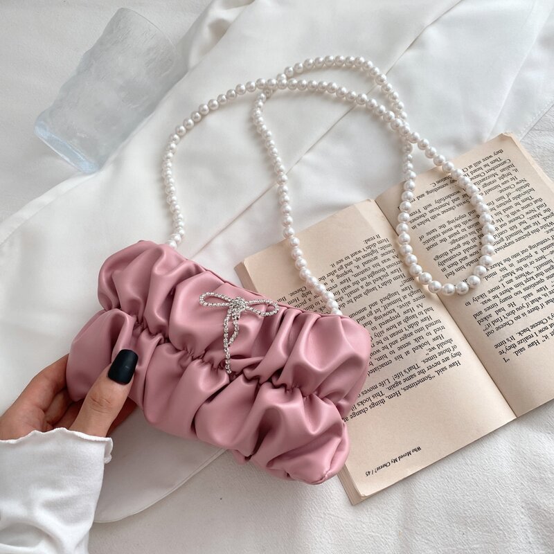 

Bow Decor Faux Pearl Strap Ruched Bag, Pink