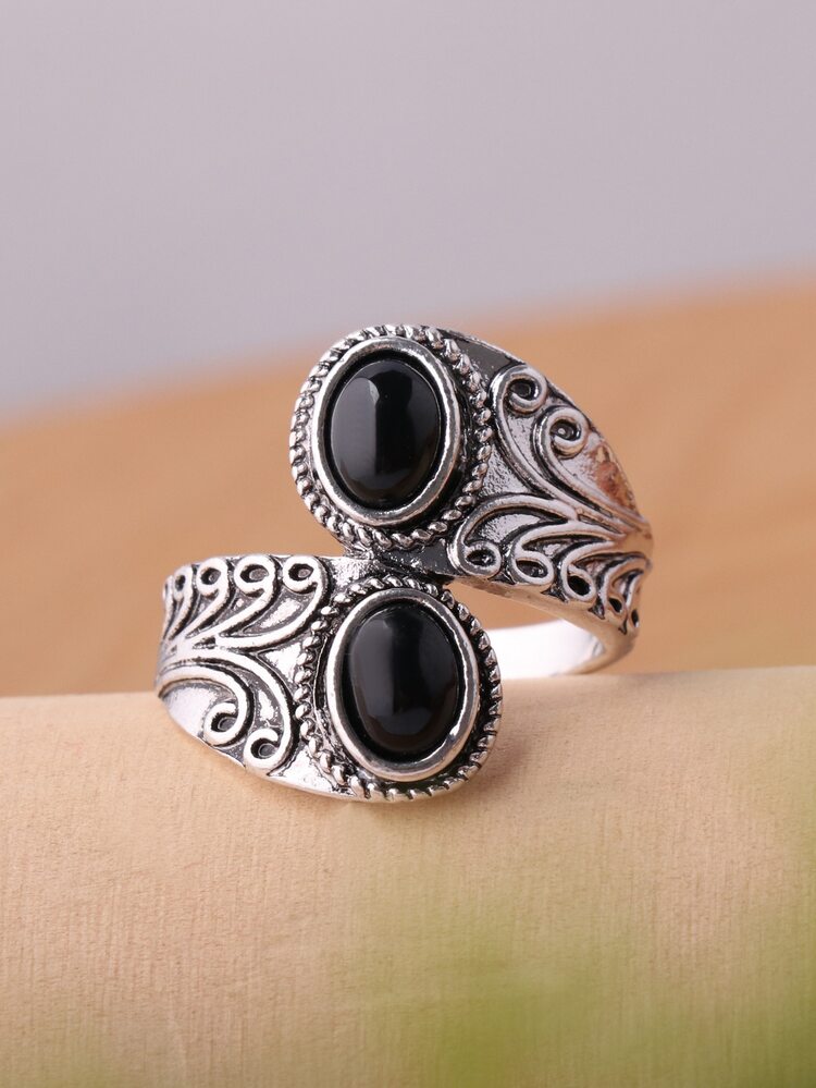 1pc Zinc Alloy Plated Antique Silver Black Gemstone Ring, Couples Ring - Baby Blue - View 6