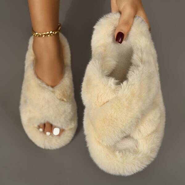 

Fluffy Cross Design Bedroom Slippers, Beige