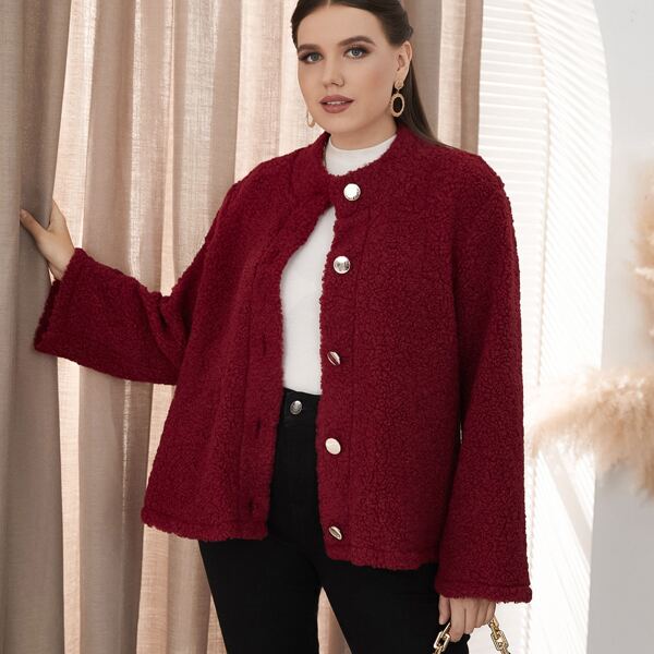 

Plus Button Up Teddy Jacket, Burgundy