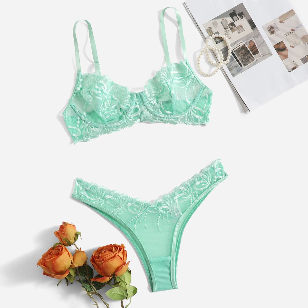 

Embroidered Mesh Underwire Lingerie Set, Mint green