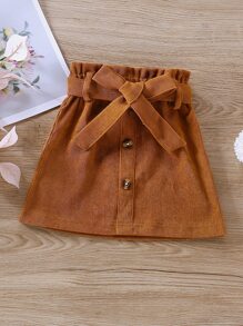 Young Girl Solid Button Front Belted Skirt - Brown - View 1