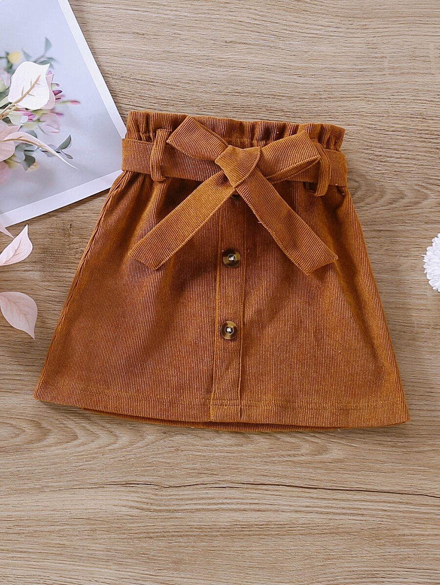 Young Girl Solid Button Front Belted Skirt - Brown - View 1