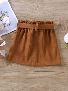 Young Girl Solid Button Front Belted Skirt - Brown - View 2