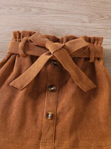 Young Girl Solid Button Front Belted Skirt - Brown - View 4