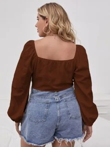 Plus Solid Ruched Bust Top - Coffee Brown - View 2